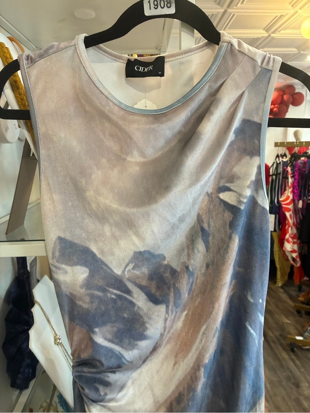 Cider Mountain Landscape Sleeveless Dress - Blue Green Gray - Picture 2 of 4